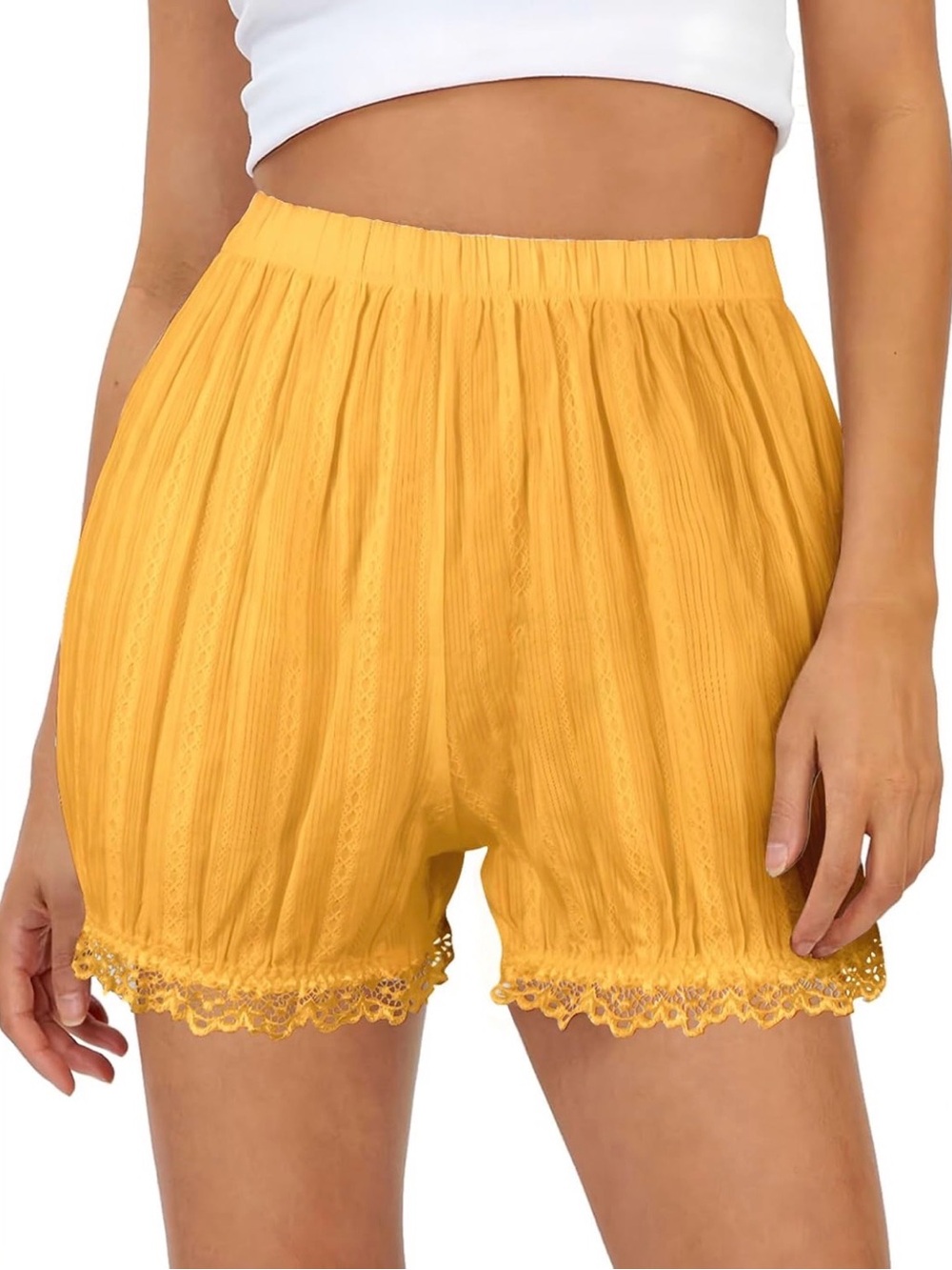 High Waist Lace Trim Yellow Women's Shorts Pumpkin Bloomers